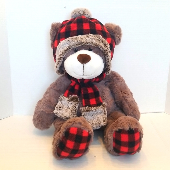 Gentle Treasures Teddy Bear Plush Buffalo Plaid Hat/Scarf - Picture 2 of 8